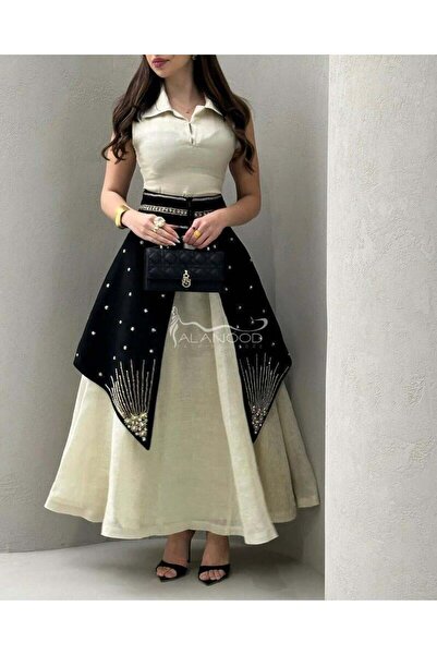 ALANOOD FASHION فستان رمضاني تصميم العنود - فستان أنيق بلون البيج مع تفاصيل فاخرة