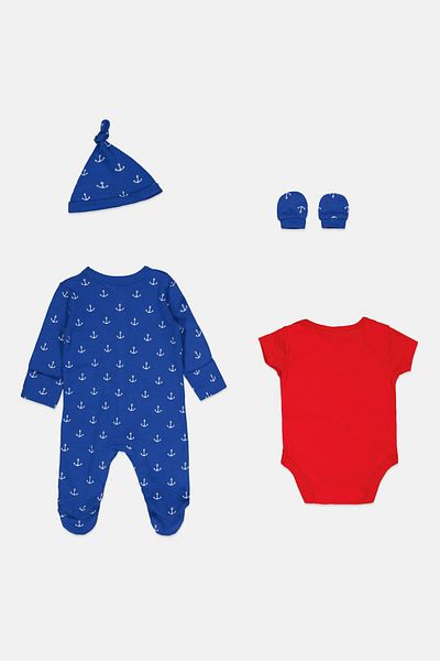 MOTHERCARE Toddlers Boy 4 Pieces Allover Print Bodysuit Playsuit Beanie And Gloves Set, Multicolor