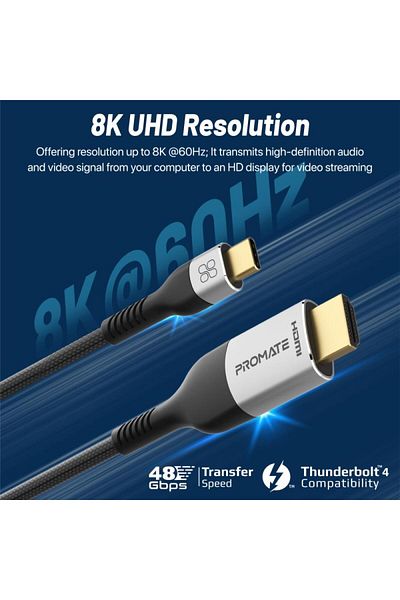 Promate Mediacord-8K USB-C to HDMI 8K@60Hz Ultra HD Cable, 1.8m Cable Length