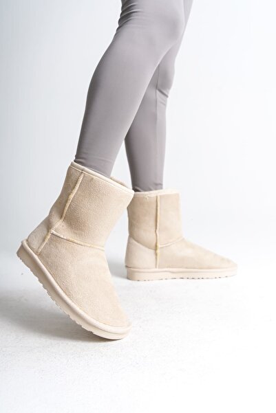 BİLGİMOLA Selina laceless flat sole fur lined suede women's boot skt - cream