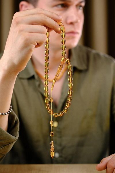 dergah tesbih Şükür Baba Series Silver Ring Detailed System Yellow Fire-I Amber Prayer Beads