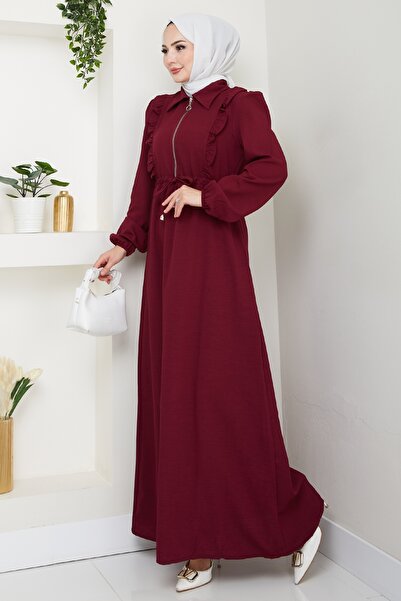 InStyle Fermuarlı Fırfır Detaylı Bordo Elbise