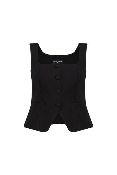 STELLA PULVIS Black Unlined Square Collar Vest