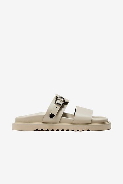Seniorah Beige Skin Thick Banded Single Buckle Detailed Women's Slippers