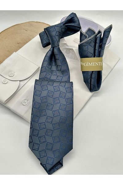 Gutiero Classic Necktie with Gray Patterned Handkerchief