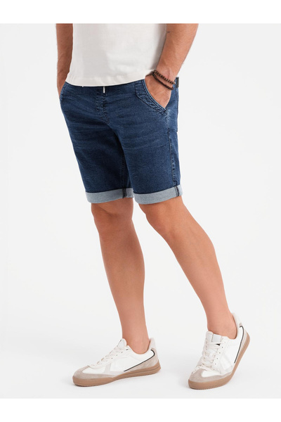 OMBRE Men's denim shorts with rolled up leg - dark blue V2 OM-SRDS-0161 XL