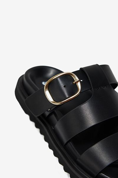 Seniorah Black Skin Three Thick Straps Single Buckle Detailed Women's Slippers