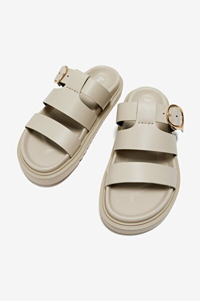 Seniorah Beige Skin Three Thick Stripes Single Buckle Detailed Women's Slippers