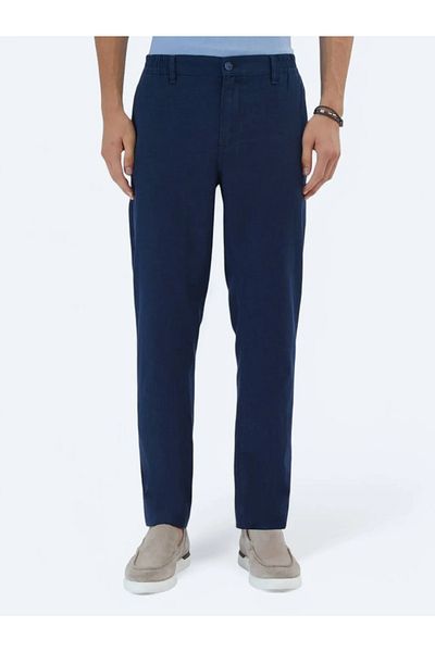 Kip Navy Blue Woven Casual Cotton Blend Trousers