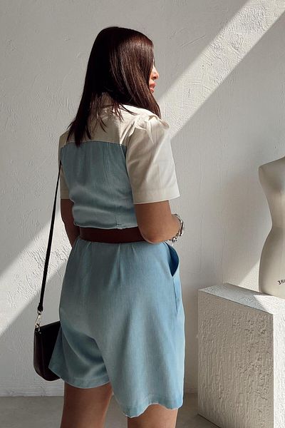 ELVAN TOLON Blue Ecru Block Shorts Jumpsuit