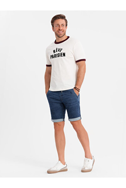 OMBRE Men's denim shorts with rolled up leg - dark blue V2 OM-SRDS-0161 XL