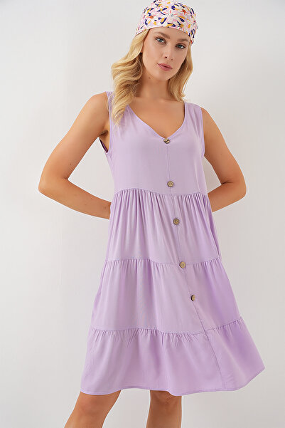 Bigdart Дамска къса рокля с нулев ръкав и копчета 2571 - Лилава