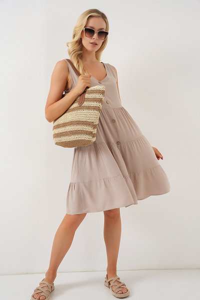 Bigdart Дамска къса рокля с нулев ръкав и копчета 2571 - цвят камък