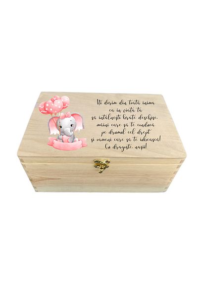 OEM Cutie personalizata amintiri pentru copii, cu mesaj de la nasi, lemn natur, 29, 5x19, 5x13 cm