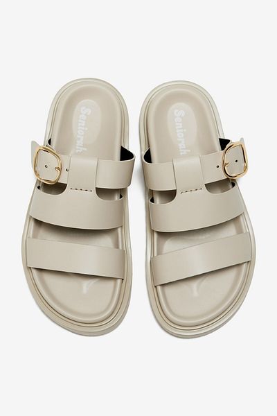 Seniorah Beige Skin Three Thick Stripes Single Buckle Detailed Women's Slippers