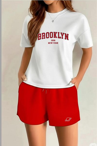 NO 601 Women's White Oversize T-Shirt Brooklyn Printed Red Combed Cotton Shorts Bottom-Top Set