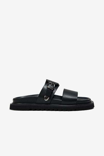 Seniorah Black Skin Thick Banded Single Buckle Detailed Women's Slippers