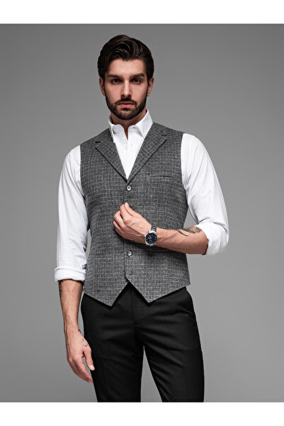 OMBRE Elegante Herrenweste mit Revers im Karomuster - Schwarz V3 OM-BLZV-0110 M