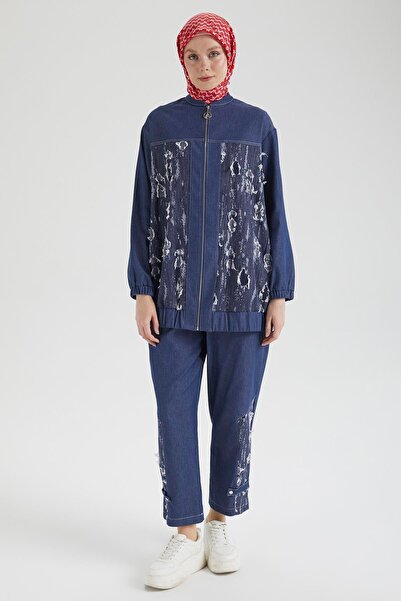 Armine Trend Denim Fabric Distressed Detailed Trousers Double Suit Navy Blue 25Yt666