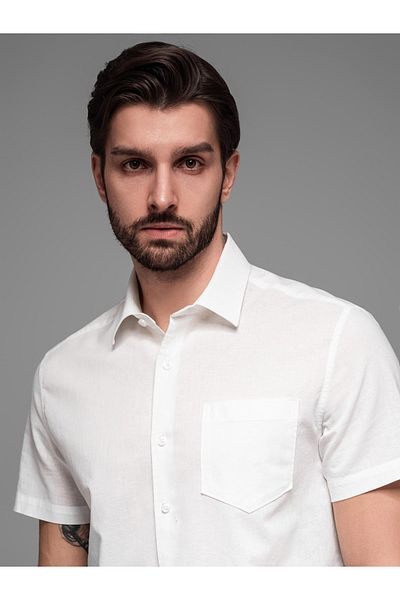 OMBRE Herren Kurzarmhemd aus Leinen-Baumwolle mit Tasche - gebrochenes Weiß V1 OM-SHSS-0167 XL