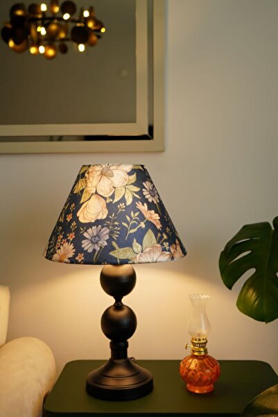 retro home design Siyah Dejavu Ayaklı Lacivert Çiçek Kadife Kumaş Şapkalı Dekoratif Yatak Odası Salon Abajur