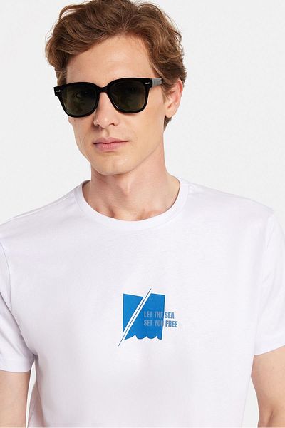 Tudors Ανδρικό T-shirt Slim Fit Slim Fit 100% βαμβακερό τυπωμένο λευκό μπλουζάκι με λαιμόκοψη