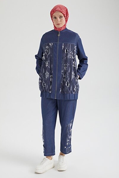 Armine Trend Denim Fabric Distressed Detailed Trousers Double Suit Navy Blue 25Yt666