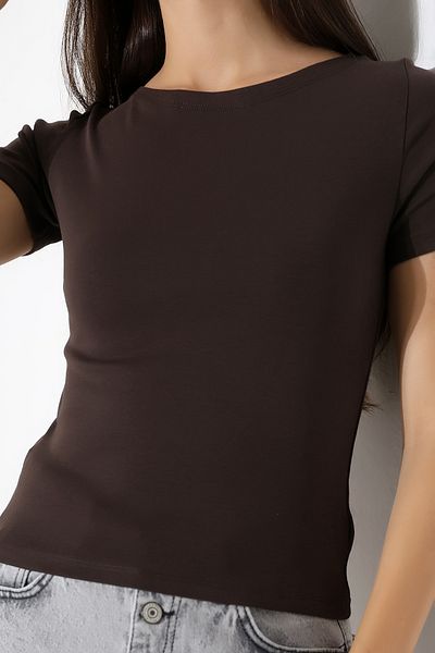 Endies Rib Fabric Boat Neck Short Sleeve Basic Women's T-Shirt 21996 Brown