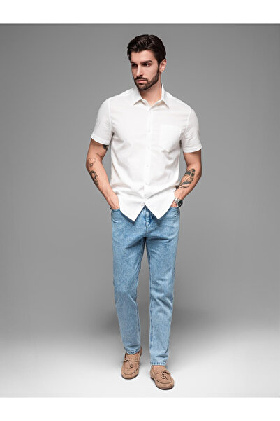 OMBRE Herren Kurzarmhemd aus Leinen-Baumwolle mit Tasche - gebrochenes Weiß V1 OM-SHSS-0167 XL