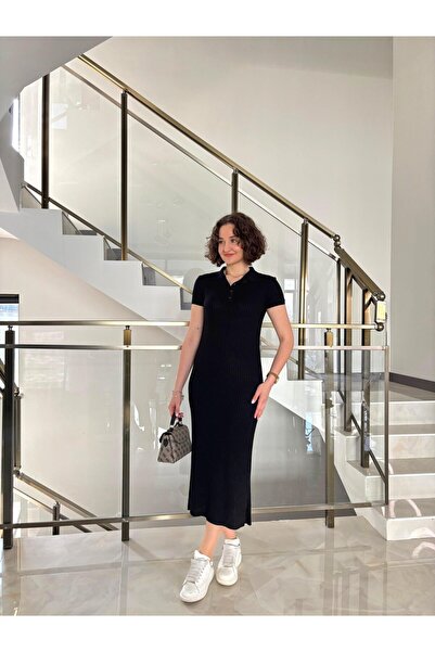 Sude Kızanlıklı Rochie tricotată cu nervuri cu gât polo