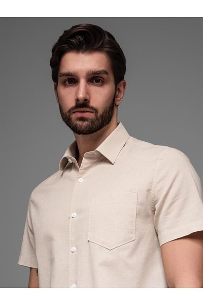 OMBRE Herren Kurzarmhemd aus Leinen-Baumwolle mit Tasche - beige V4 OM-SHSS-0167 XXL