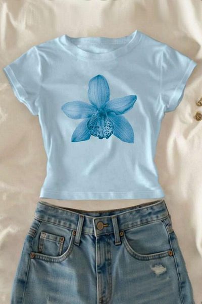 Karakedi Crop cu mânecă scurtă Blue Lily Flower Y2K