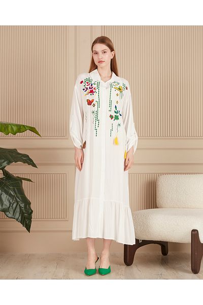 EL jadida Women's Embroidered Buttoned Plus Size Viscose Long Dress White