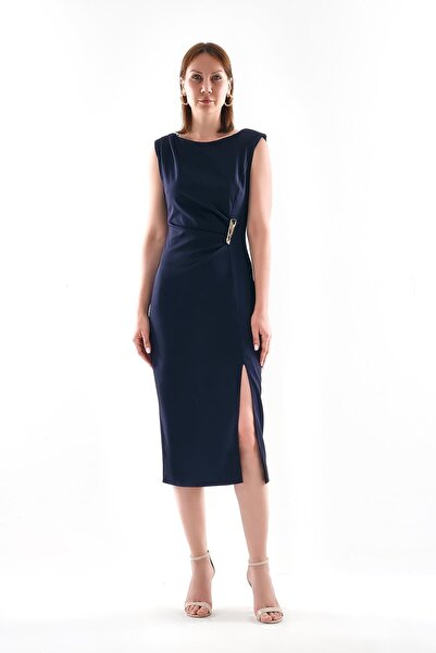 EXPLOSION Bedene Oturan Önden Yırtmaçlı Midi Boy Şık Elbise