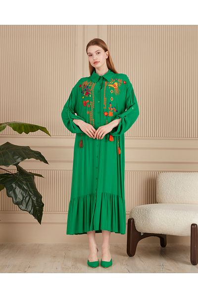 EL jadida Women's Embroidered Buttoned Plus Size Viscose Long Dress Green
