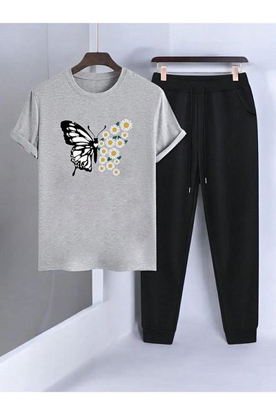 FAEL LİFE Women / Girl Thsort Tracksuit Set Butterfly Daisy Printed