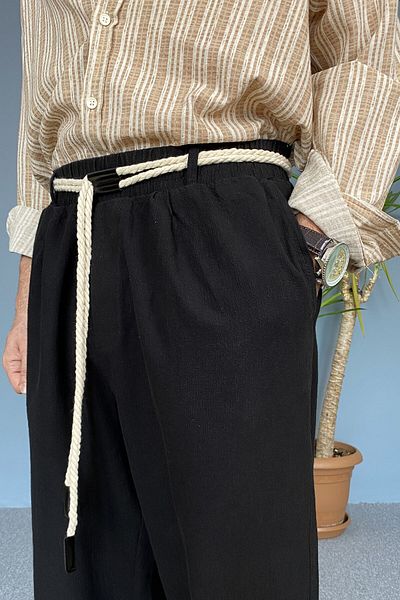 Alışveriş Sokağı Relaxed Fit Linen Fabric Lace-Up Baggy Pants