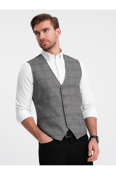 OMBRE Herrenweste ohne Revers im Feinkaro - Graphit V2 OM-BLZV-0123 XL