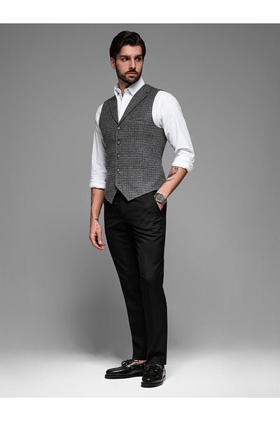 OMBRE Elegante Herrenweste mit Revers im Karomuster - Schwarz V3 OM-BLZV-0110 M