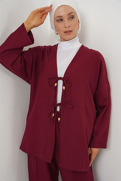 Bigdart Set dublu kimono de in pentru femei 6727 - Roșu Claret
