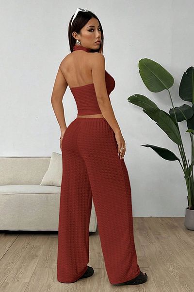 Trendseninle Bitter Brown Knitted Wrap Sleeveless Backless Waist Tight Blouse Pants Suit