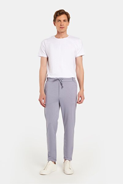 Tudors Erkek Slim Fit Pamuklu Beli Bağlamalı Yan Cepli Katlamalı Paça Jogger Gri Pantolon