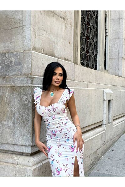 sajarsln Saja Rsln Micro Digital Print Lycra μανίκια βολάν Φόρεμα μπορντό λευκό μοτίβο λουλουδιών