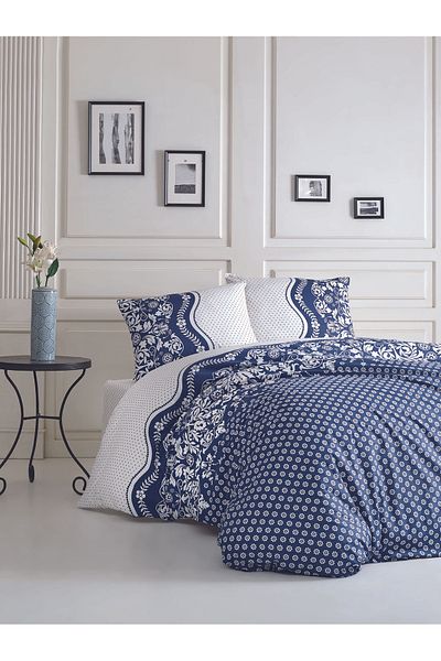 YÜNTEKS Crystal Ranforce Boxed Duvet Cover Set Single Dafne Navy Blue