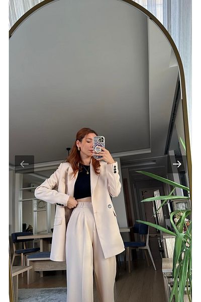 Petek Collection Cream Oversize Lined Jacket Pants Suit (100 cm Pants Length)