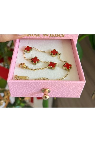 PONÇİK ACCESSORİES Steel Gold Color Model Double Sided Red Stone 5 Star Bracelet