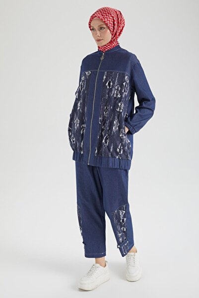 Armine Trend Denim Fabric Distressed Detailed Trousers Double Suit Navy Blue 25Yt666