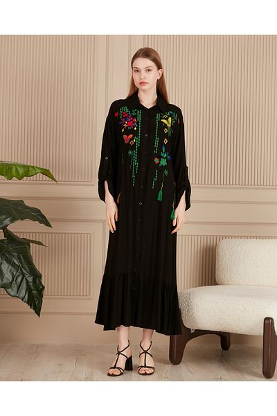 EL jadida Women's Embroidered Buttoned Plus Size Viscose Long Dress Black
