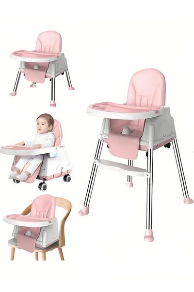 Yelajoy Portable Baby High Chair, With 4-wheel mobile, Tray Dining Table, Seat for Toddler, Pink