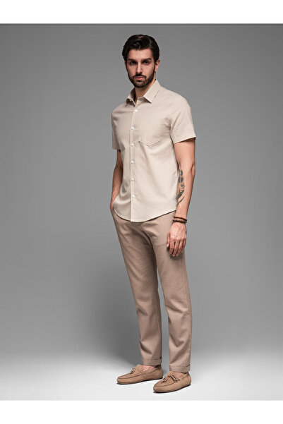 OMBRE Herren Kurzarmhemd aus Leinen-Baumwolle mit Tasche - beige V4 OM-SHSS-0167 XXL